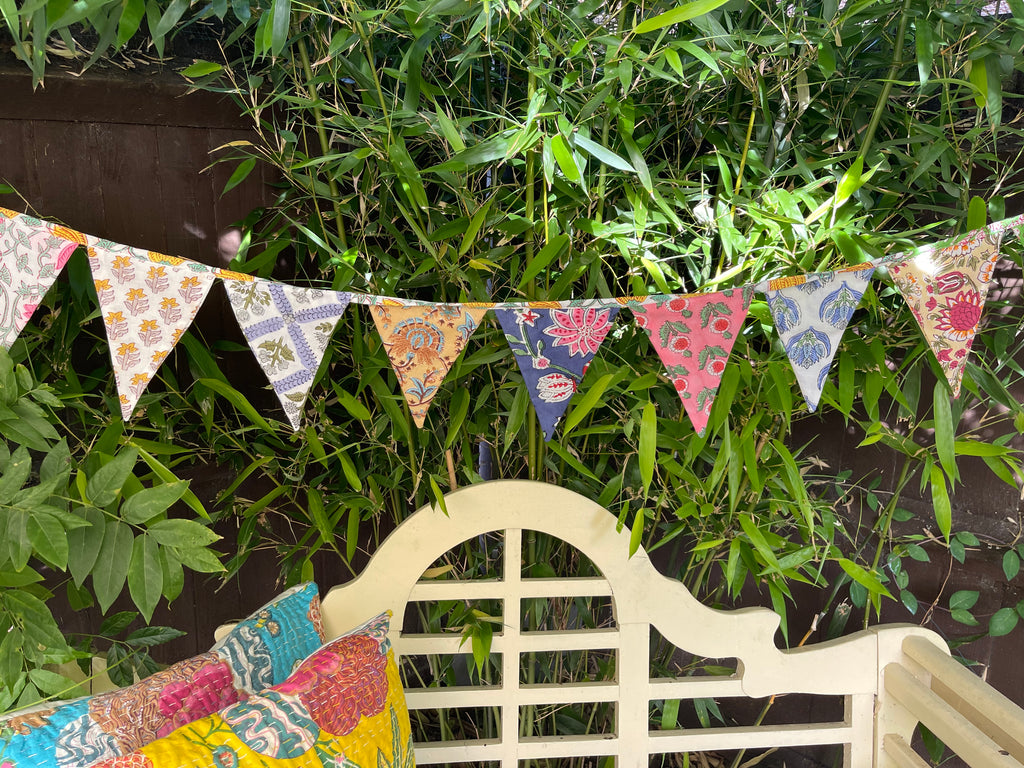 Cotton hand block printed bunting 8ft long 15 flags garden party birthday celebration boho Summer