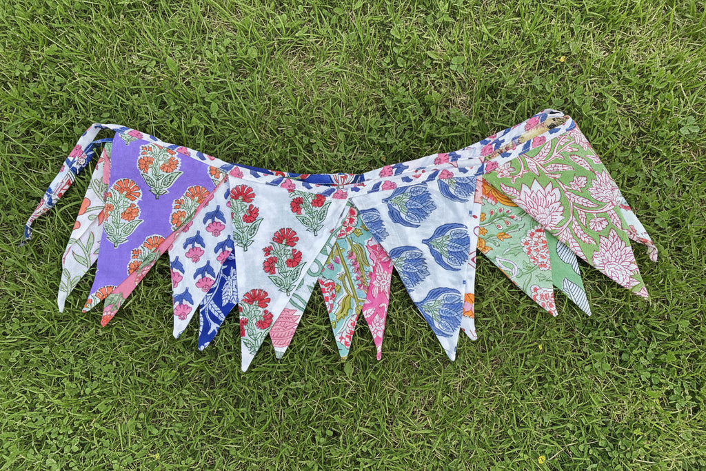 Cotton hand block printed bunting 8ft long 15 flags garden party birthday celebration boho Summer