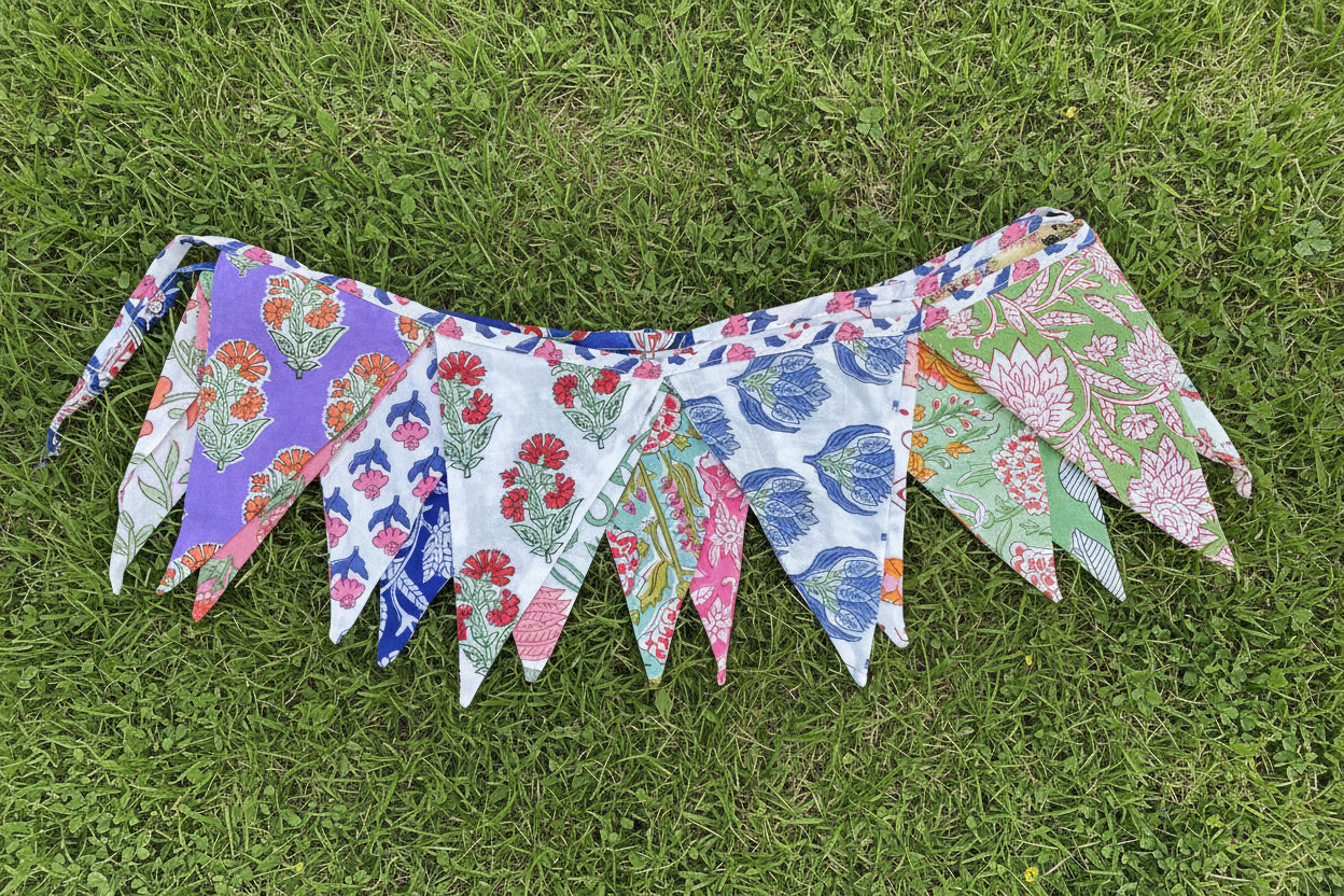 Cotton hand block printed bunting 8ft long 15 flags garden party birthday celebration boho Summer