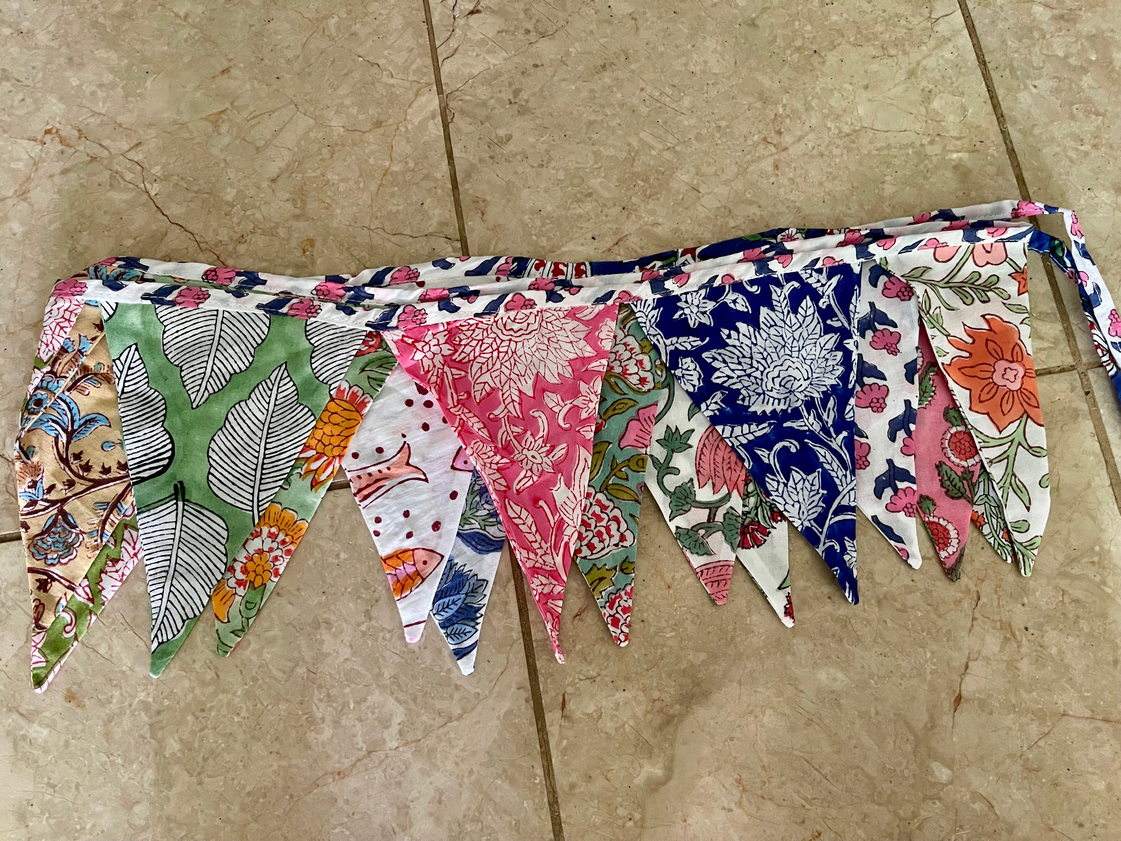 Hand block printed cotton bunting - 8 foot long - 15 flags - reversible - vibrant colours