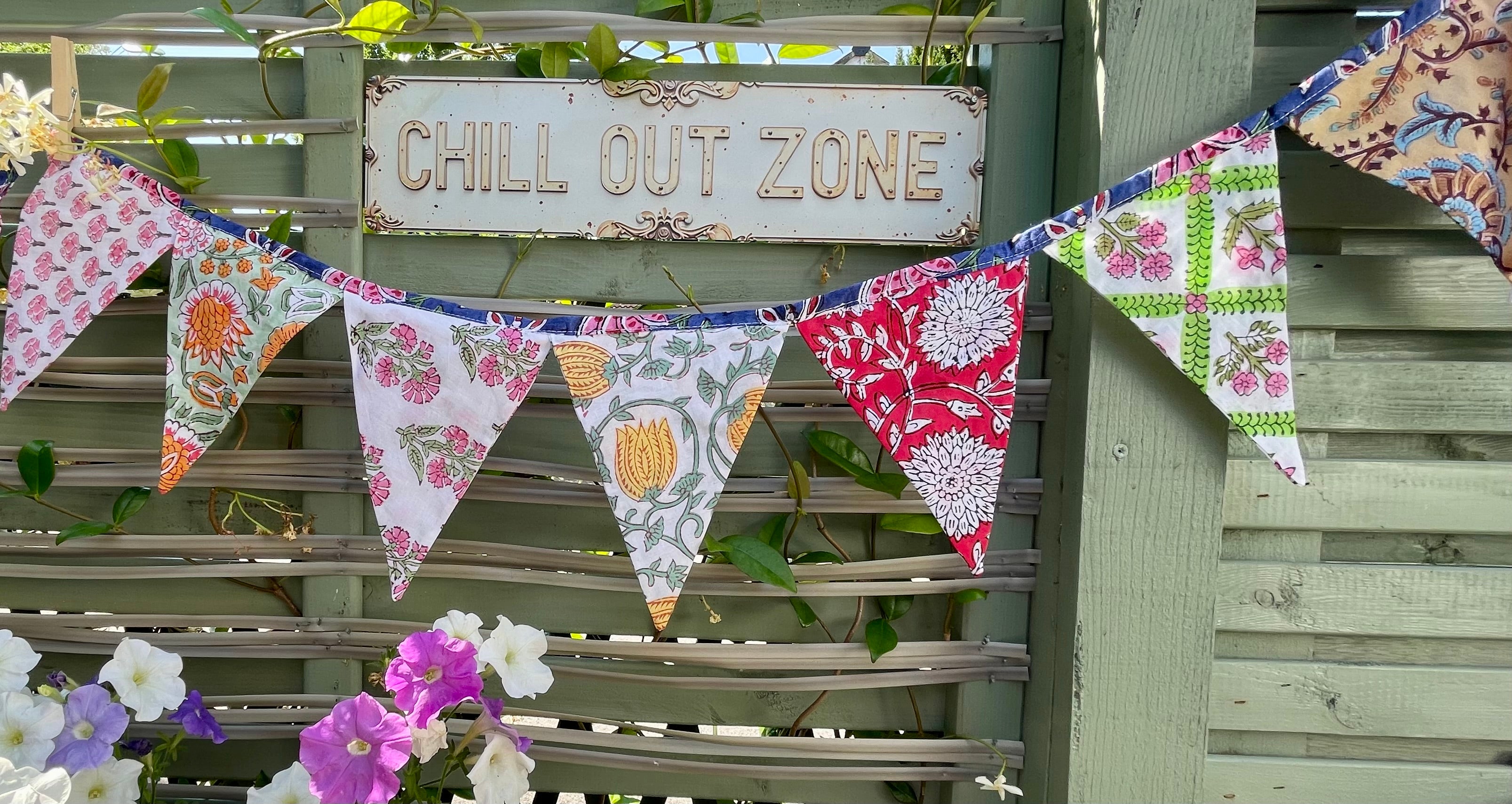 Cotton hand block printed bunting 8ft long 15 flags garden party birthday celebration boho Summer