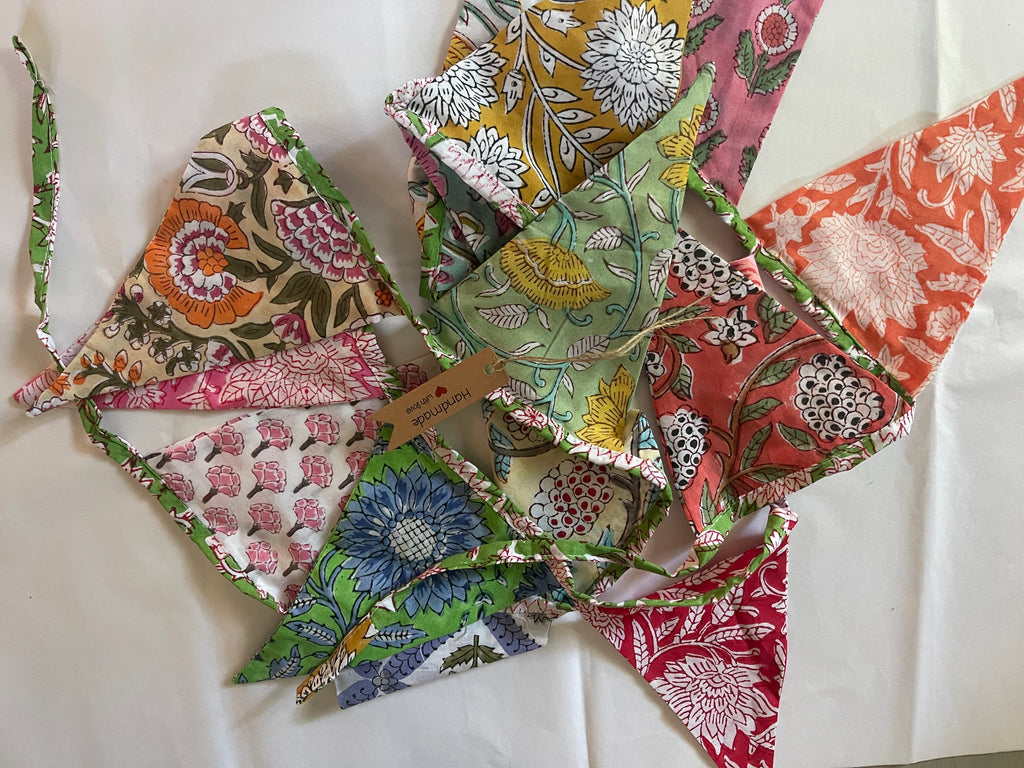 Cotton hand block printed bunting 8ft long 15 flags garden party birthday celebration boho Summer